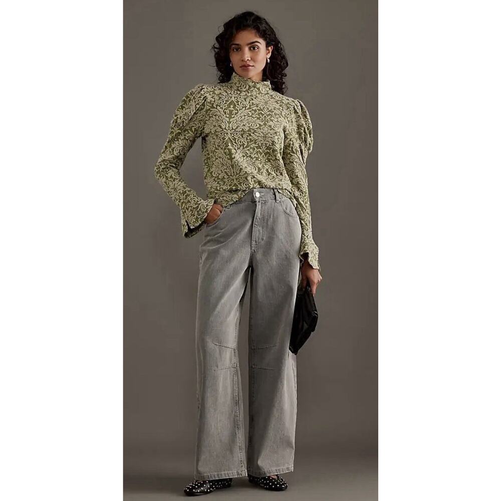 Anthropologie Puff-Sleeve Turtleneck Jacquard Green Top Women’s Size Medium